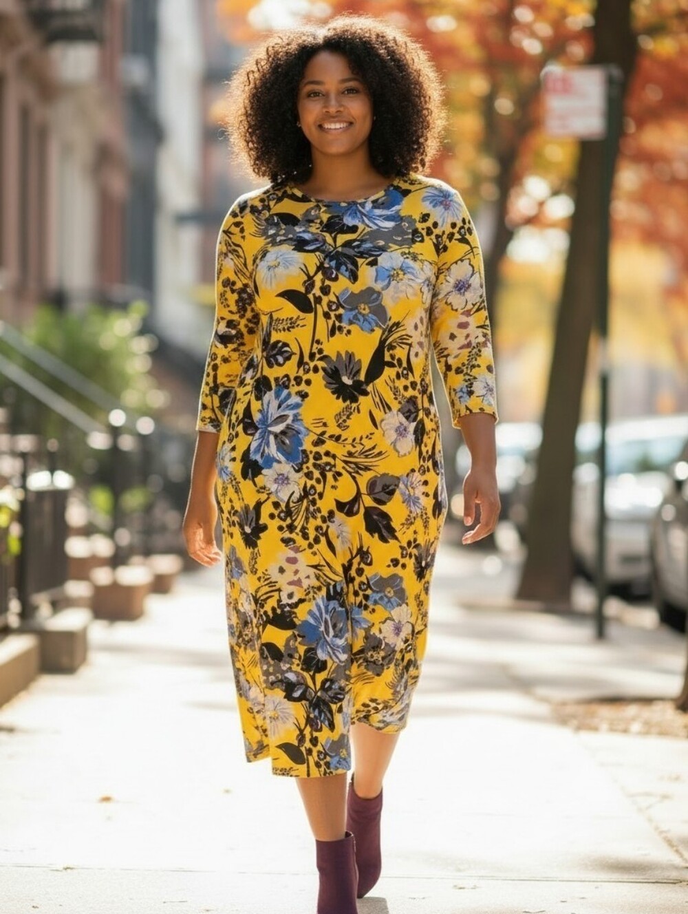 Floral Yellow Midi Dress with Blue & Black Bloom Print